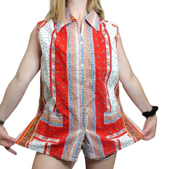 Vintage 70s Red Boho Belted Tunic Collared Smock Sleeveless Floral Shirt L/XL - Picture 2 of 10
